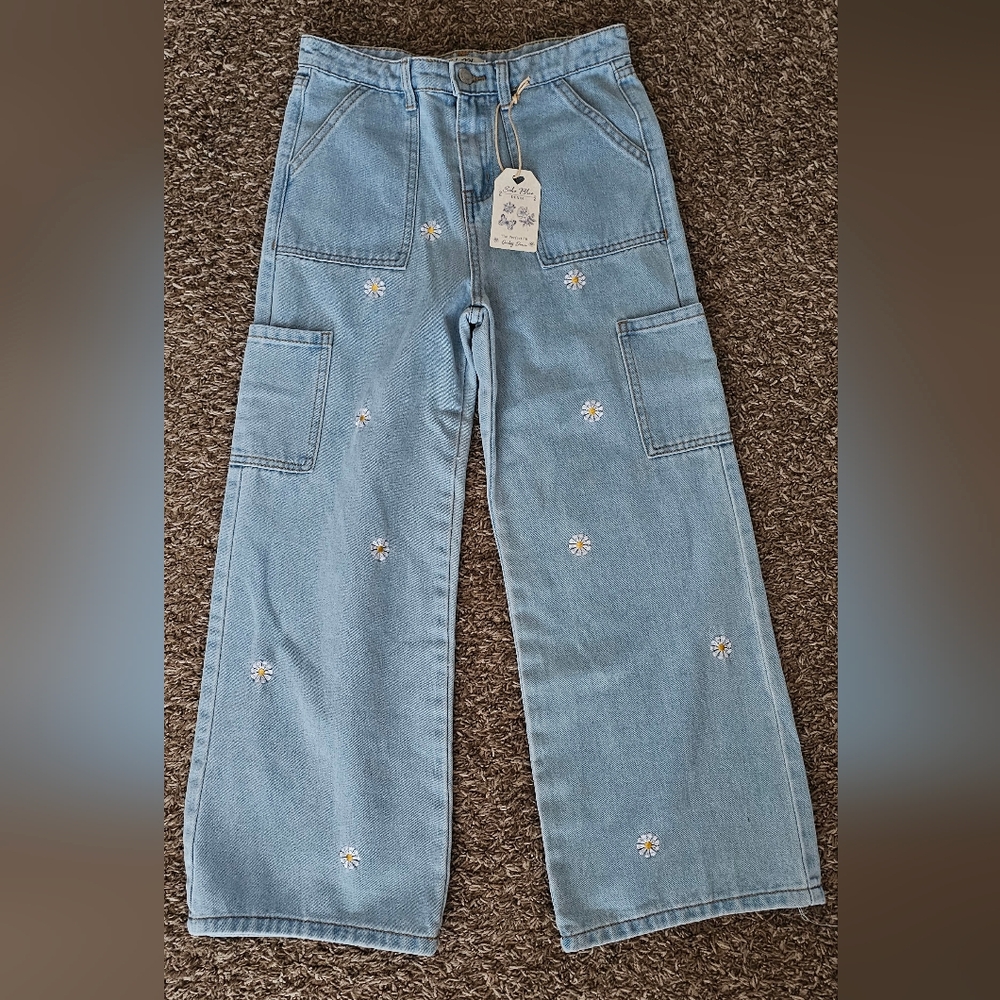 Girls Light Blue Daisy Embroidered Wide-Leg Jeans